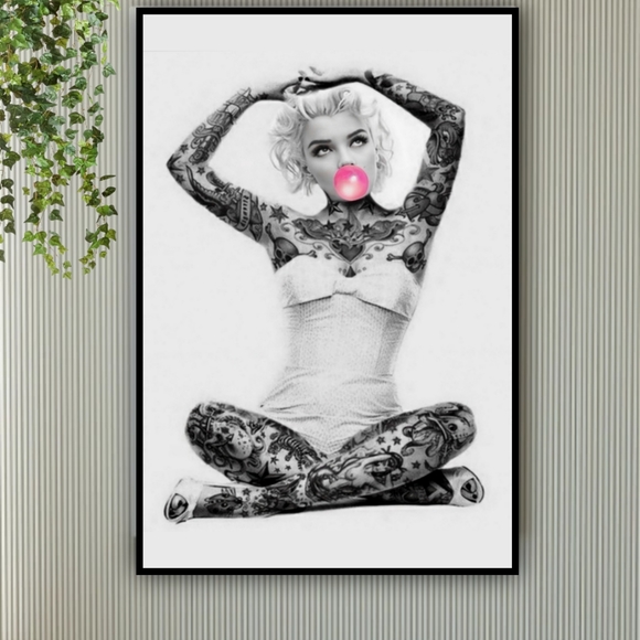 Marilyn Monroe Tattooed Poster Pink Bubble gum Art Premium Quality 12x18 Framed - Picture 1 of 3